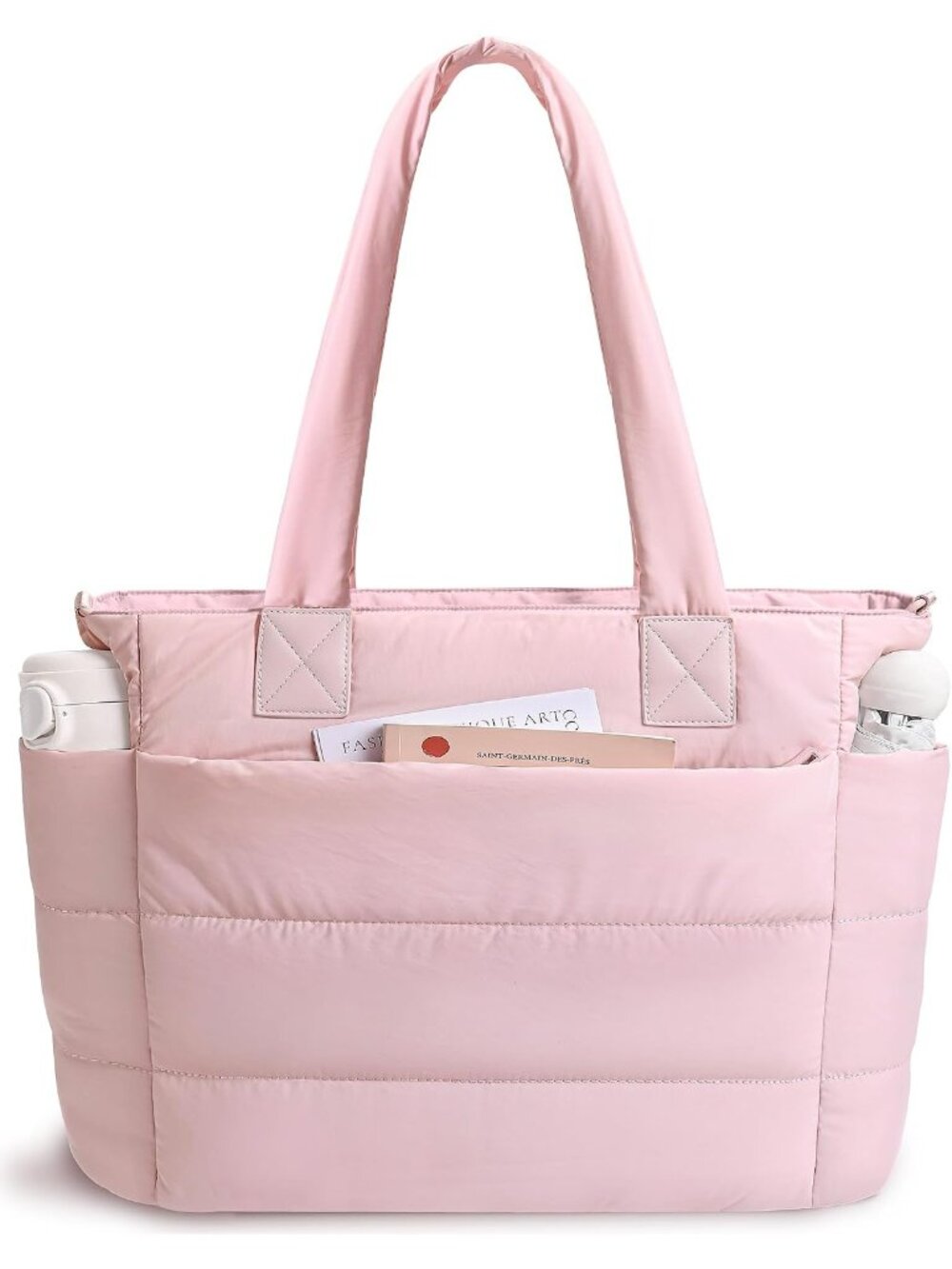 👜Women's Light Pink Quilted Puffer Tote Bag Lightweight Work For Travel Handbag